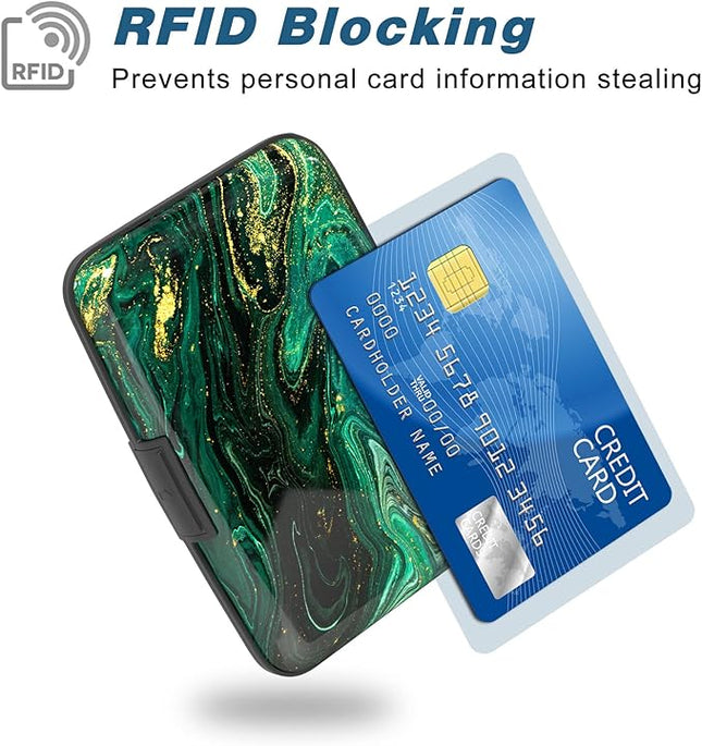 Atufsuat Credit Card Holder, Mini Aluminum Card Wallet RFID Blocking Slim Metal Hard Card Case for Women Men, Green Gold Marble