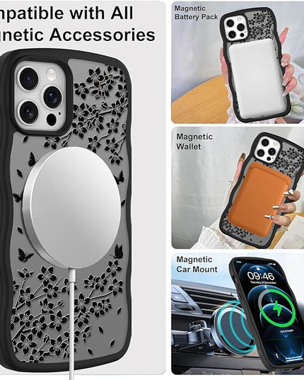 Wavy Case for iPhone 12 Pro Case with Stand [Compatible with MagSafe] Cute Black Cat & Floral & Butterflies Pattern Design, Kawaii 360 Magnetic Ring Kickstand Phone Cover for Women Girls