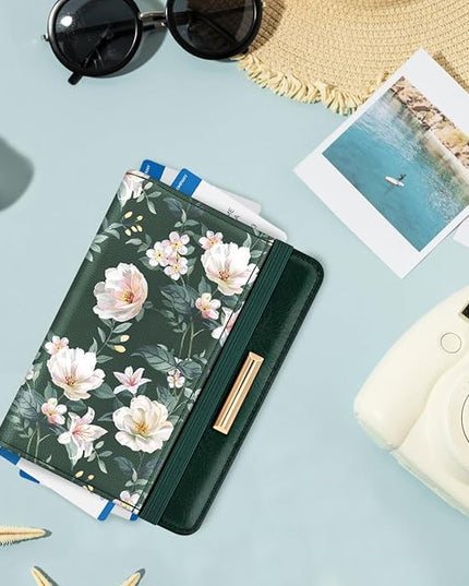 Passport Holder Cover Travel RFID Blocking Passport Cover Rose Gold Cute Flowers Passport Wallet with Elastic Band for Women