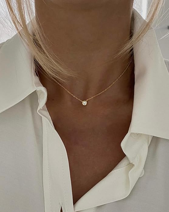 Tewiky Dainty 14k Gold Plated/Silver Cubic Zirconia Necklaces for Women, Simple CZ Jewelry Necklaces Trendy Gifts