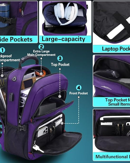 ProEtrade Travel Backpack, Extra Large Laptop Backpack School Business Anti Theft TSA Approved College Work Computer Bag Fits 17 Inch Laptop with USB Charging Port Bookbag for Women Men(Purple)