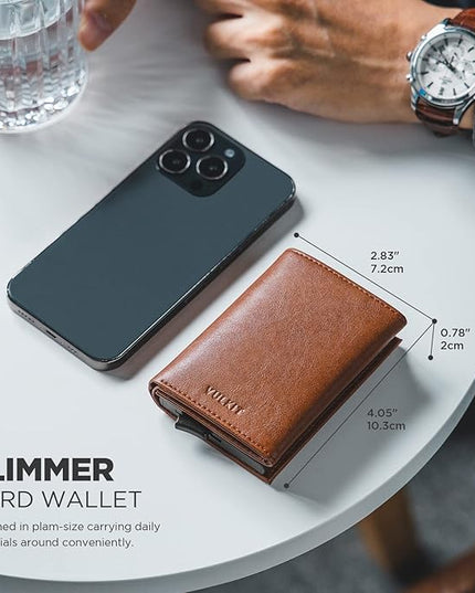 VULKIT Pop up Card Wallet Minimalist Cash Wallets RFID Blocking Leather Smart Credit Card Holder with ID window for Men(Brown)