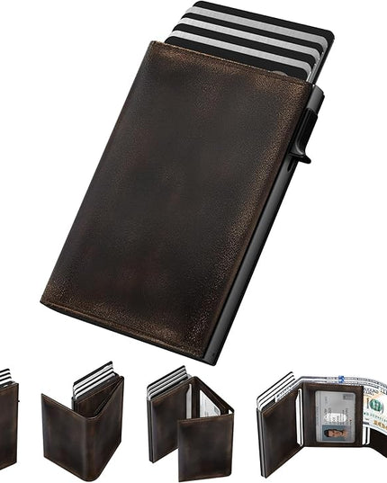typecase Mens Wallet Card Holder: Pop Up Aluminum Case, Full Grain Leather, RFID Blocking, Smart, Slim, Minimalist, Front Pocket - 9-14 Card Capacity | ID Window | Cash Slot (Burnished Black)