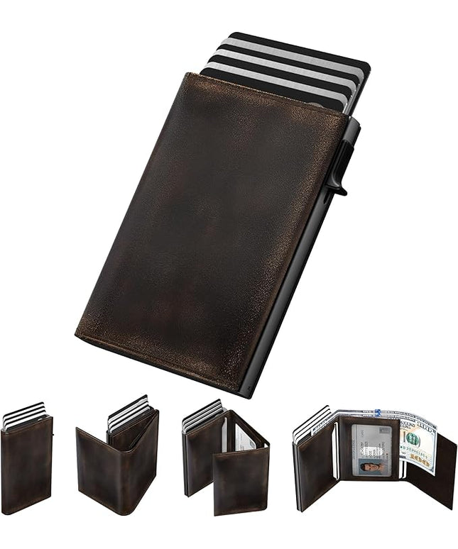 typecase Mens Wallet Card Holder: Pop Up Aluminum Case, Full Grain Leather, RFID Blocking, Smart, Slim, Minimalist, Front Pocket - 9-14 Card Capacity | ID Window | Cash Slot (Burnished Black)