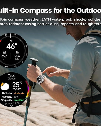 WalkerFit Smart Watch for Men, 1.43" Round AMOLED, 5ATM Waterproof for Swim, Heart Rate & Sleep Monitor, Long Battery, Outdoor Activity Tracker, Voice Control&Bluetooth Call, for iPhone Android,Silver
