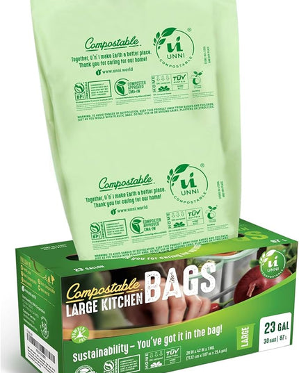 UNNI Compostable Trash Bags, 20-23 Gallon / 87 Liter, 60 Count Value Pack, Extra Thick 1.0 mil Large Bin Liners for Food Scrap, BPI, CMA & OK compost HOME Certified (Meets ASTM D6400)