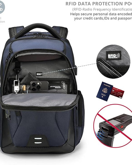 Swissdigital Design Men's Laptop Backpack for College and Business Travel with Integrated USB Charging Port and RFID Protection Fits Laptops up to 15.6 inch, Blue | SD1695-12
