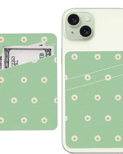 Phone Card Holder, Cute Leather Phone Wallet Stick On, Dual Pocket Credit Card Sticky Wallet, Compatible with Most of Cell Phone, Cute Daisy Flower