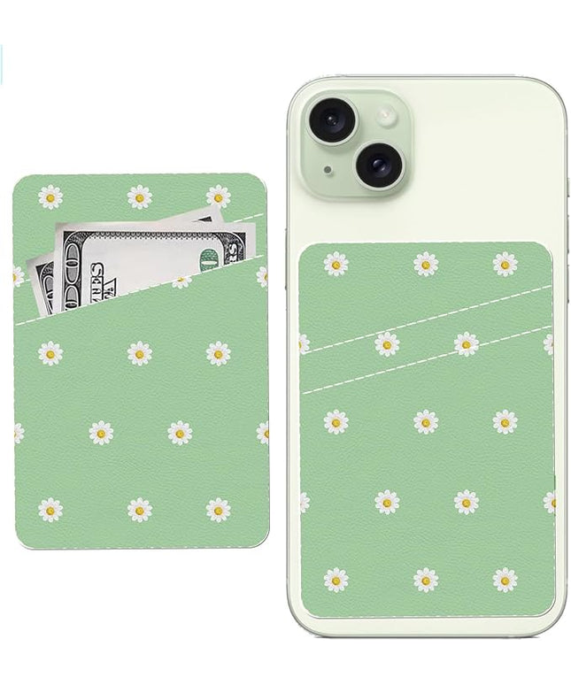 Phone Card Holder, Cute Leather Phone Wallet Stick On, Dual Pocket Credit Card Sticky Wallet, Compatible with Most of Cell Phone, Cute Daisy Flower