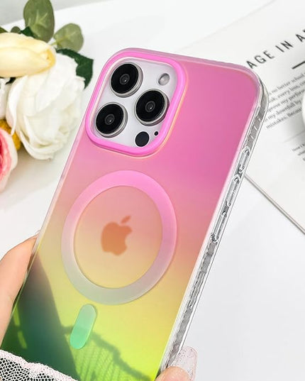 Aesthetic Case for iPhone 15 Pro Case for Women Girls, Compatible with Magsafe, Cute Girly Trendy Glitter Sparkly Rainbow Magnetic Protective Phone Cover, Matte Iridescent Pink & Green