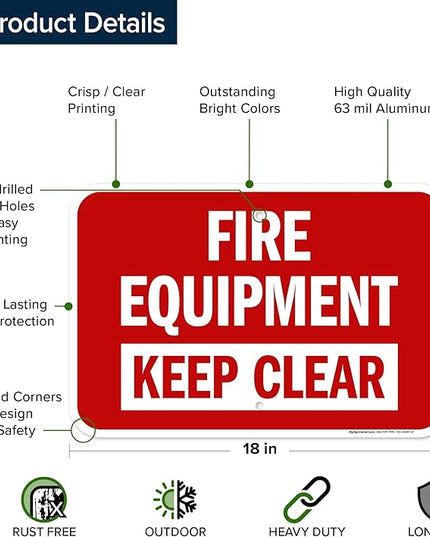 Fire Equipment Keep Clear Sign, 12x18 Inches, Rust Free .063 Aluminum, Fade Resistant, Made in USA by My Sign Center