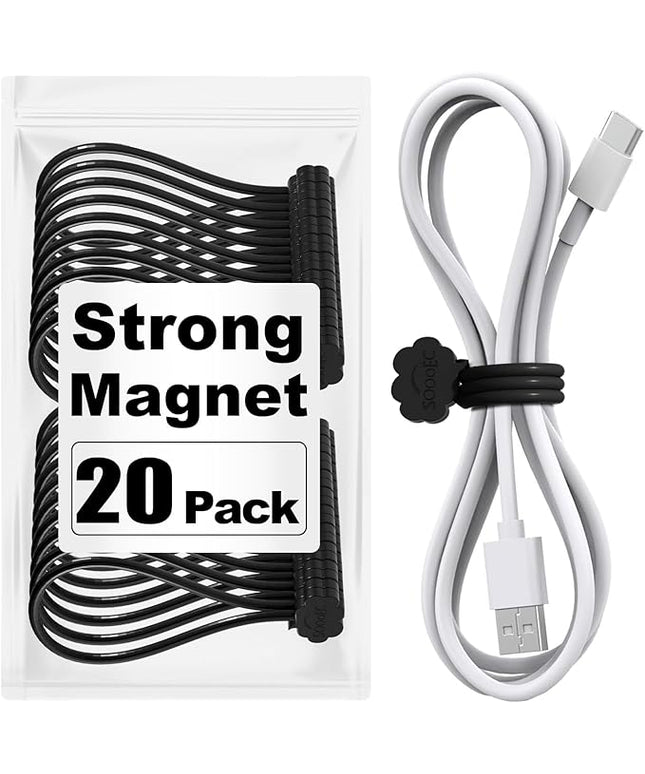 SOOOEC Black Magnetic Cable Ties, 20 Pack 7.2" Magnetic Cord Ties Cute Cloud Design, Silicone Magnetic Ties for Cord Organizer, Black Color.