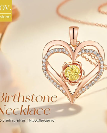 CDE Christmas Gifts for Women S925 Silver Rose Gold Heart Birthstone Necklaces for Women，Ideal Anniversary or Birthday Jewelry Gifts for Wife Girlfriend Her