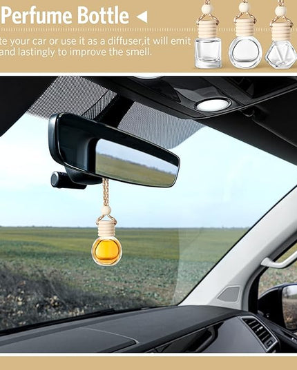 BOTO 100 Pcs Oil Air Freshener Diffuser with Wooden Cap Empty Essential Diffuser Aromatherapy Car Fresheners Clear Car Fragrance Holder Pendant Aesthetic Decor Hanging Perfume Bottle (Various Style)