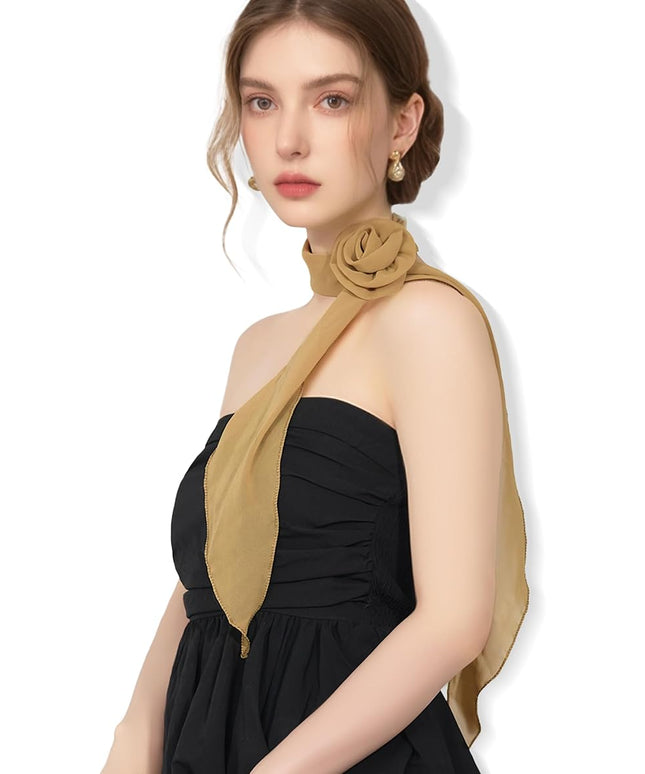 Chiffon Scarf for Women, Removable Flower Neck Scarf Light Soft Fashion Rose Scarves Versatile Headband or Hair Band