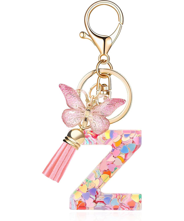 Fashion Alphabet Initial Letter Keychain Tassel Butterfly Pendant Key Ring for Purse Handbags Women Girl