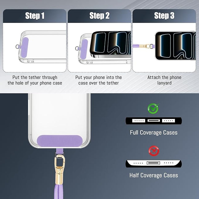 Dadanism Phone Lanyard 2 Pack, 2x Adjustable Crossbody Phone Strap, 2x Tether Tab, Anti-theft Universal Cellphone Multifuctional Patch Lanyards for iPhone & Most Smartphones, Silver Grey + Purple