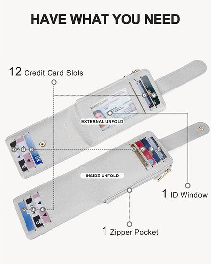 BOSTANTEN Slim Wallet Women RFID Blocking Card Holder Leather Bifold Wallet with Zipper Pocket Silver