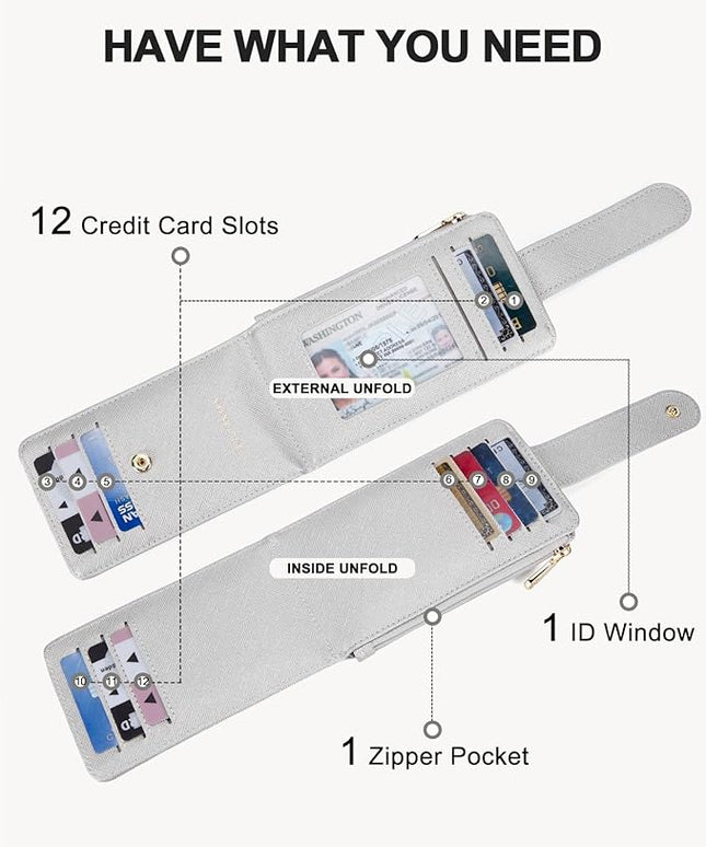 BOSTANTEN Slim Wallet Women RFID Blocking Card Holder Leather Bifold Wallet with Zipper Pocket Silver