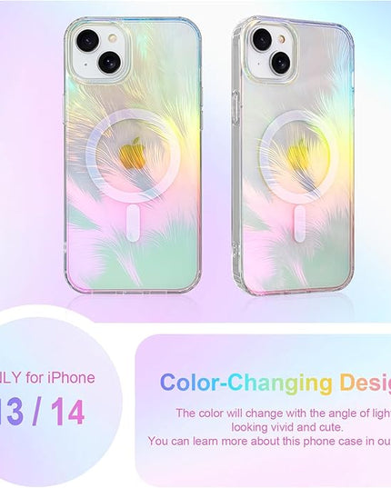 Glitter Case for iPhone 14 & 13 Case for Women Girls [ Compatible with Magsafe ] Clear Cute Aesthetic Girly Iridescent Feather Sparkly Bling Magnetic Phone Cover, Blue & Pink