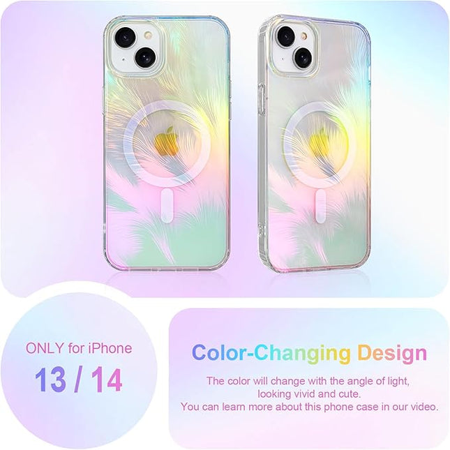 Glitter Case for iPhone 14 & 13 Case for Women Girls [ Compatible with Magsafe ] Clear Cute Aesthetic Girly Iridescent Feather Sparkly Bling Magnetic Phone Cover, Blue & Pink
