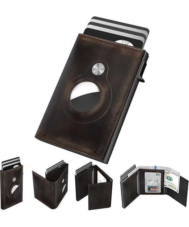 typecase Mens Wallet Card Holder for AirTag: Leather Smart Wallet for Men Compatible with Apple Air Tag, RFID Blocking, Slim, Minimalist - 9-14 Card Capacity | ID Window | Cash Slot (Burnished Black)