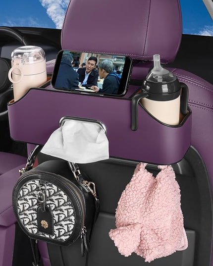 HOLDCY Car Back Seat Organizer with 2 Drink Cup Holder - Tissue Box and Storage Box Hook - Multi-functional Storage - Great for Kids and Travel (Purple)