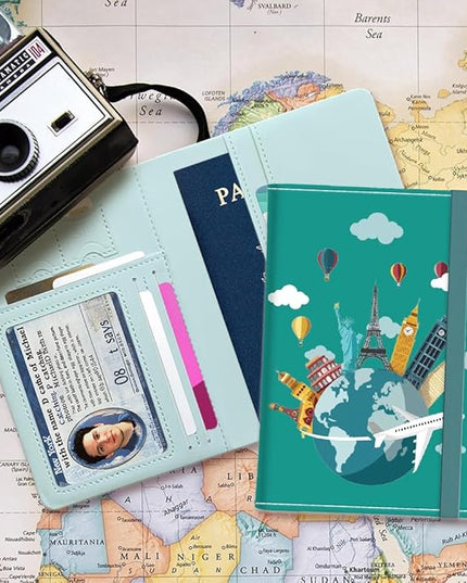 PU Leather Passport Holder Cover 5.9×4.3 Inch with Credit Card Slot and Boarding Pass Slot Combo Blocking Passport Holder Wallet Cover Case for Travel Boarding Essentials (Landmarks)