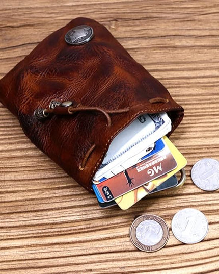 Wugebud 1 Pcs Leather Mini Medieval Pouch Keychain, Coin Organizer, Change Holder, Leather Drawstring Pouch for Men & Women