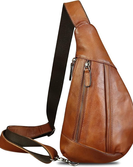 LRTO Genuine Leather Sling Bag for Men and Women Vintage Real Leather Crossbody Chest Bags Backpack Purse for Travel Hiking