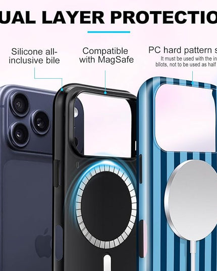 Magnetic for iPhone 17 Pro Case Cute Stripes Phone Case, Shockproof Slim TPU and Hard PC Protective Phone Cover Compatible with MagSafe Designed for Women Girls, Lake Blue