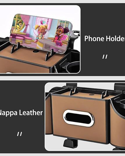 Back Seat Car Organizer,4 in 1 Multifunctional Car Back Seat Storage Box with Drink Cup Holder Tissue Box, for Hold Phone,Snacks, Drinks, Handbag-Light Brown