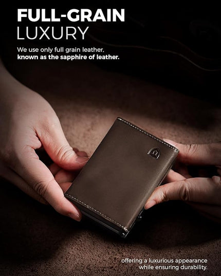 LORZOR Wallet for Men with Metal Card Holder, Pop Up Wallet, Finest Full Grain Leather Trifold Wallet, Smart, Minimalist, RFID Blocking, Front Pocket, ID Window, Brown/Grey