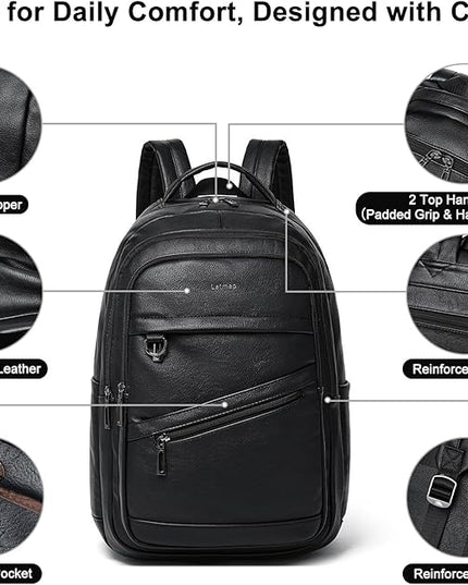 43L Backpack for Women Men - Vegan Leather Backpack Purse Travel Carry-on Bag College Bookbag Work fits 17" Laptop, Black