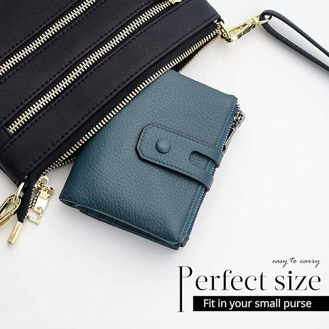 Bveyzi Small Soft Leather Wallet for Women RFID Blocking Ladies Card Holder with Double Zipper Pocket