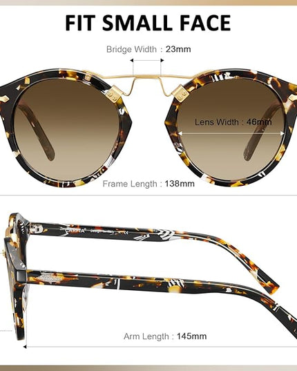 CARFIA Small Face Acetate Polarized Sunglasses for Women UV Protection, Retro Double Bridge Eyewears Metal Brow Round Sunnies