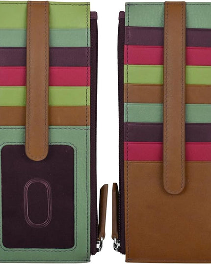 ili New York Long Double Sided Slim Wallet, RFID Blocking Card Holder with ID Window and Side Zip Pocket for Men and Women, Sage Multi