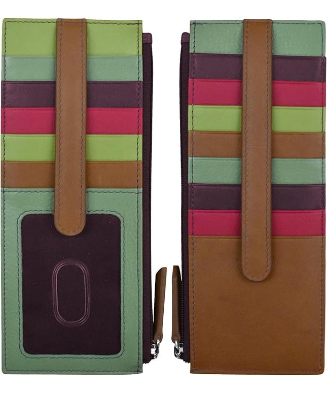 ili New York Long Double Sided Slim Wallet, RFID Blocking Card Holder with ID Window and Side Zip Pocket for Men and Women, Sage Multi