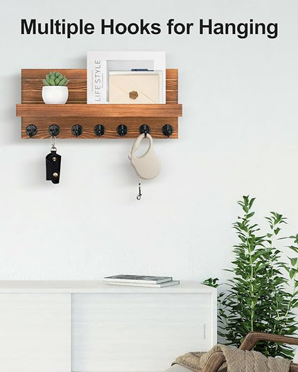 Lwenki Key Holder Wall Mount, Entryway Key and Mail Holder with 7 Sturdy Hooks for Sunglasses, Dog Leash, Decorative Wall Shelf with Mounting Hardware, 15”W x 6.7”H x 4.2”D