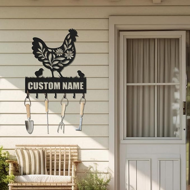 LOWACOS Personalized Key Holder for Wall, Custom Metal Chicken Key Hooks with Name, Meta Jacket Holder Hooks Organizer Rack, Jacket Hanger Decor for Kitchen, Entryway, Hallway, Office, Doorway