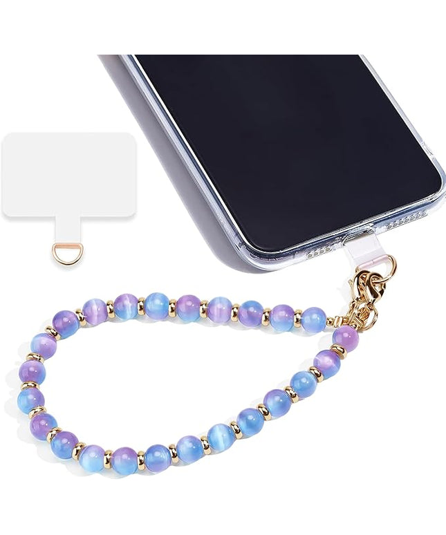 Marble Beaded Phone Wrist Strap,Detachable Phone Bracelet Strap with Tether Tab,Hands-Free Wristlet Strap (Purple Blue Cat's Eye)