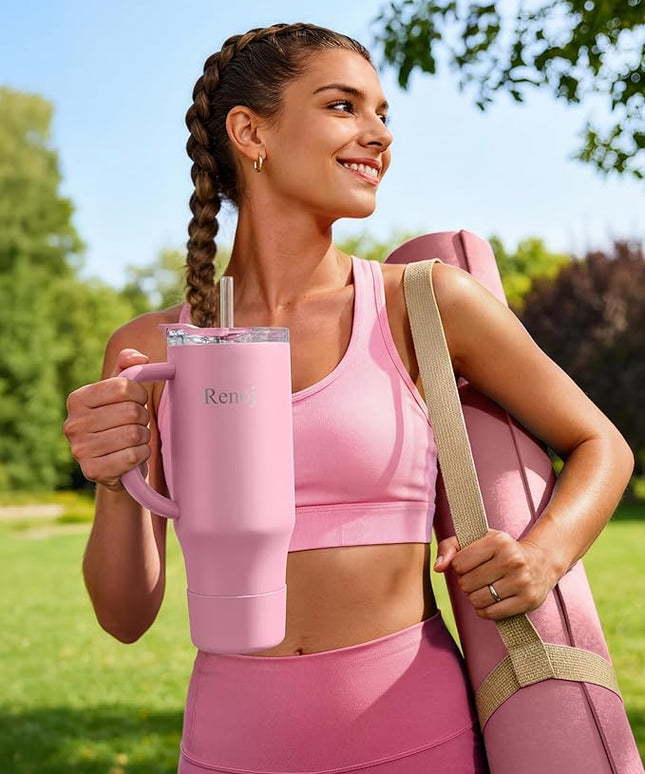 Renoj Tumbler with Handle 100% Leak Proof Insulated Water Bottle for Iced Coffee & Hot Drinks - Fits Car Cup Holder, Ideal Gift, 2 Straws & Silicone Boot BPA-Free - SnapShift Pink 32 oz