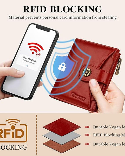 Blucoay Womens Wallet,RFID Blocking Wallet Women Soft Leather Bifold Wallets For Women Card Holder With Removable ID Window winered