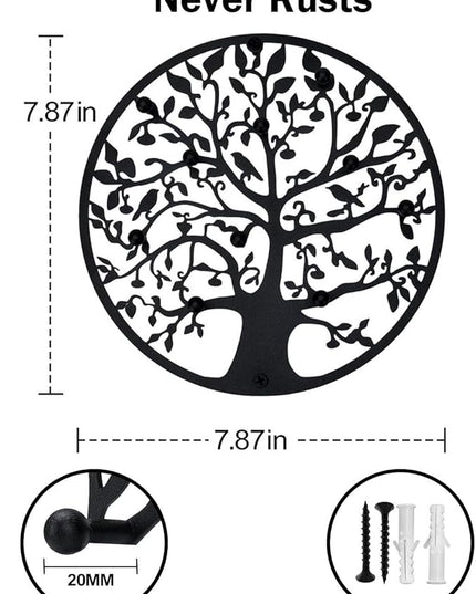 ZULONG Round Decorative Home Key Holder Wall Mount, Metal Tree Car Key Rack for Wall Organizer for Keys, Wallets, Hats, Used for Decor for House Entryway, Kitchen, Garage, Office (8" Black)