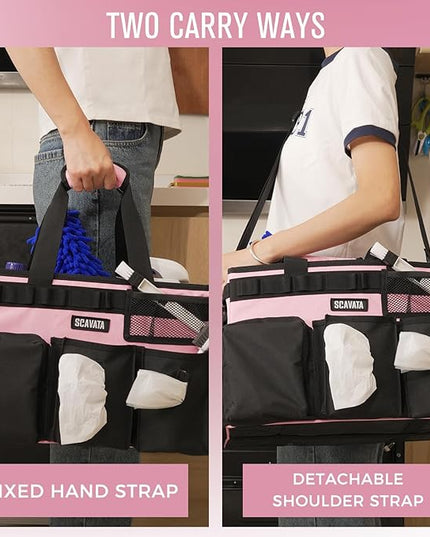 Wearable Cleaning Caddy Bag, Cleaning Caddy Supplies Organizer with Handle & Shoulder Straps for Housekeepers, Under Sink & Car Cleaning Tool Organizers with 4 Foldable Divider (SweetPink)