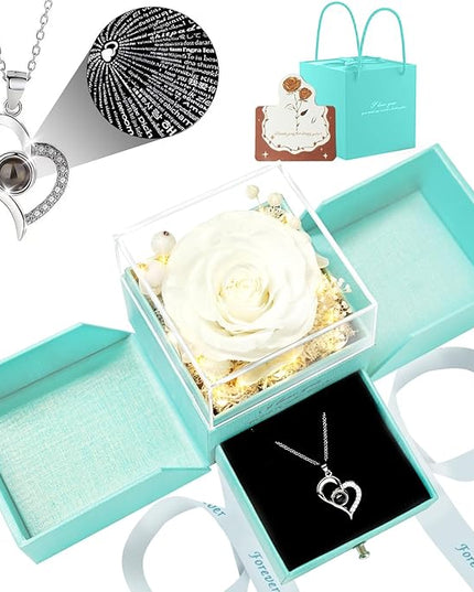 Birthday Gifts for Women, Preserved Real Roses with Heart Necklace I Love You in 100 Languages, Romantic Anniversary Wedding Gifts for Women Her Girlfriend Wife, Forever Roses Necklace Gift Box White