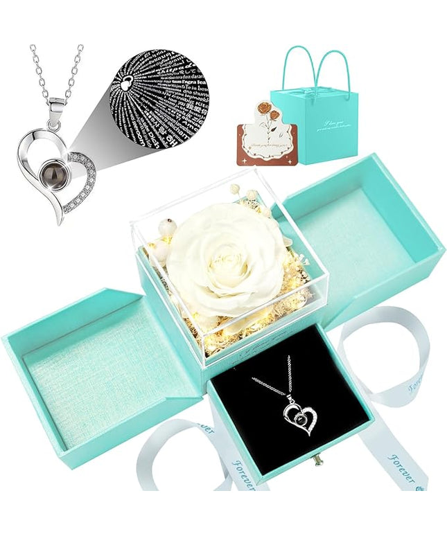 Birthday Gifts for Women, Preserved Real Roses with Heart Necklace I Love You in 100 Languages, Romantic Anniversary Wedding Gifts for Women Her Girlfriend Wife, Forever Roses Necklace Gift Box White