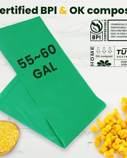 55-60 Gallon Compostable Trash Bags Liners, Heavy Duty Extra Thick 1.57 Mil, 208.2 Liter, 15 Bags, Lawn, Yard, and Restaurant Use, ASTM D6400, US BPI, OK Compost Home Certified