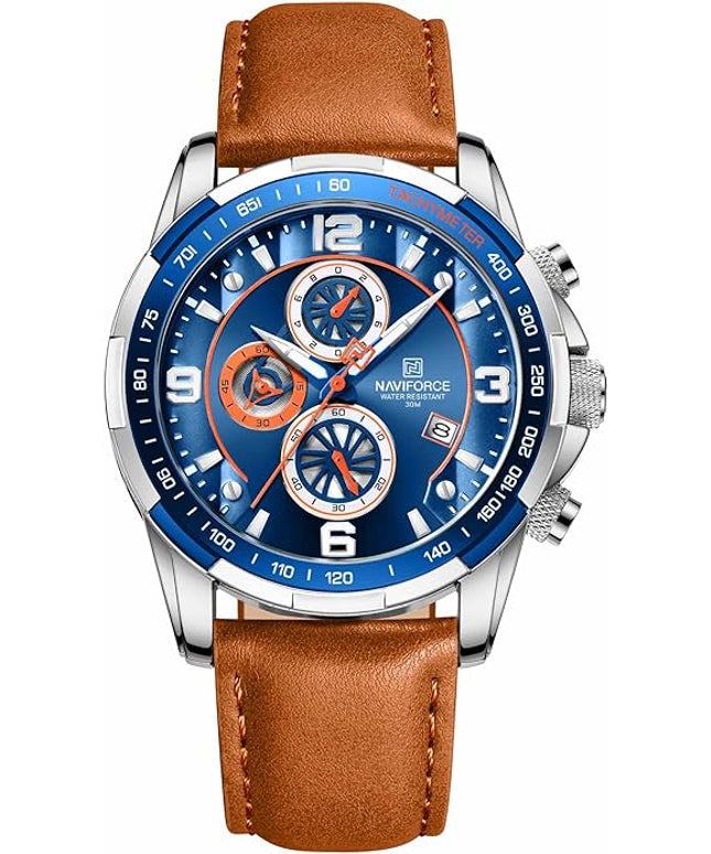 NAVIFORCE Sport Watches for Men Analog Quartz Chronograph Leather Strap Wrist Watch