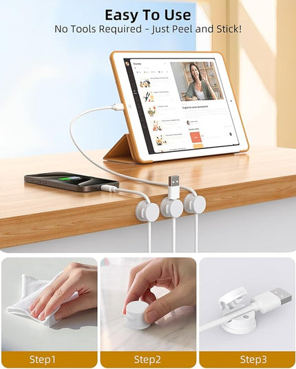 Swiveling Cord Holder, Magnetic Cord Organizer, Inchor Cable Organizer for Desk, 6 Pack Cable Clips for Nightstand, Adhesive Cable Holder Cable Management Clips for Car Home Office (White)